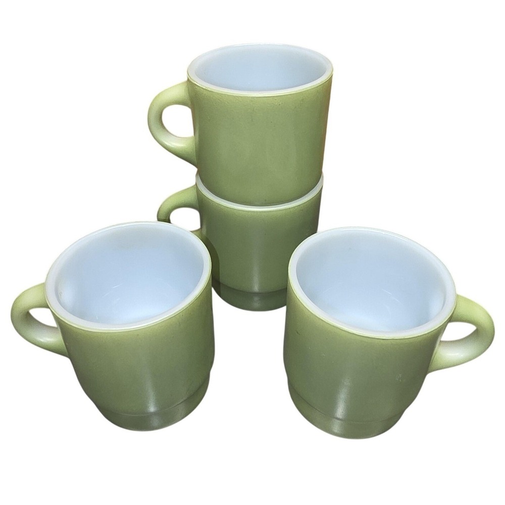 Vintage Anchor Hocking Fire-King Green Milk Glass Beer Mugs Set 4 USA Stacking